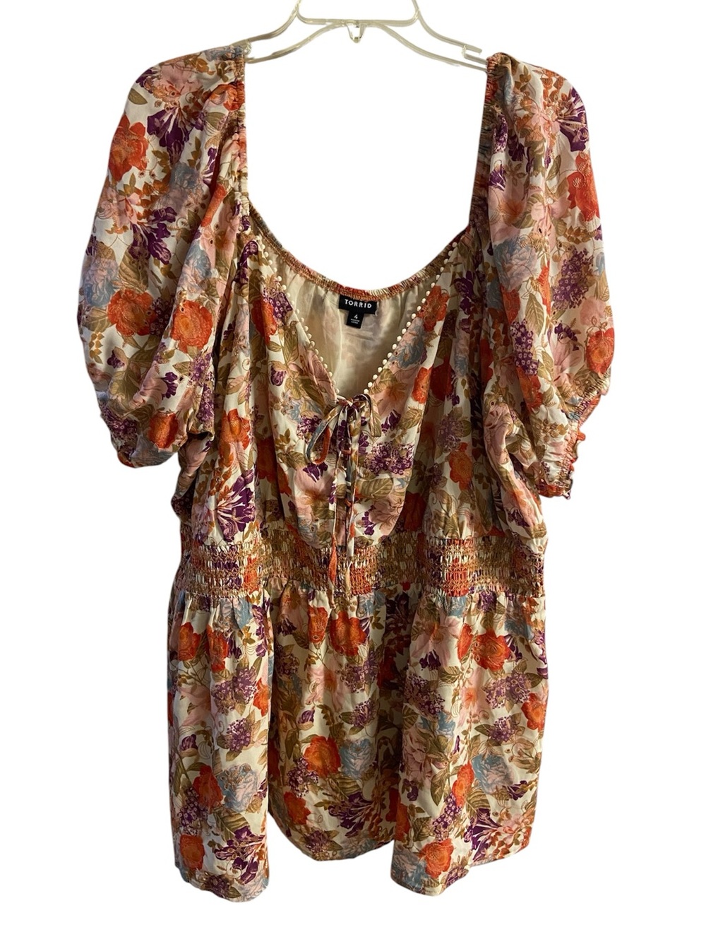 Torrid Floral Puff Sleeve Peplum Top Smocked Waist Tie Neck Size 4 4X
